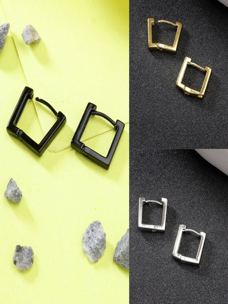 NVR Men's Set of 3 Multicolor Rhodium-Plated Geometric Shape Stainless Steel Hoop Earrings