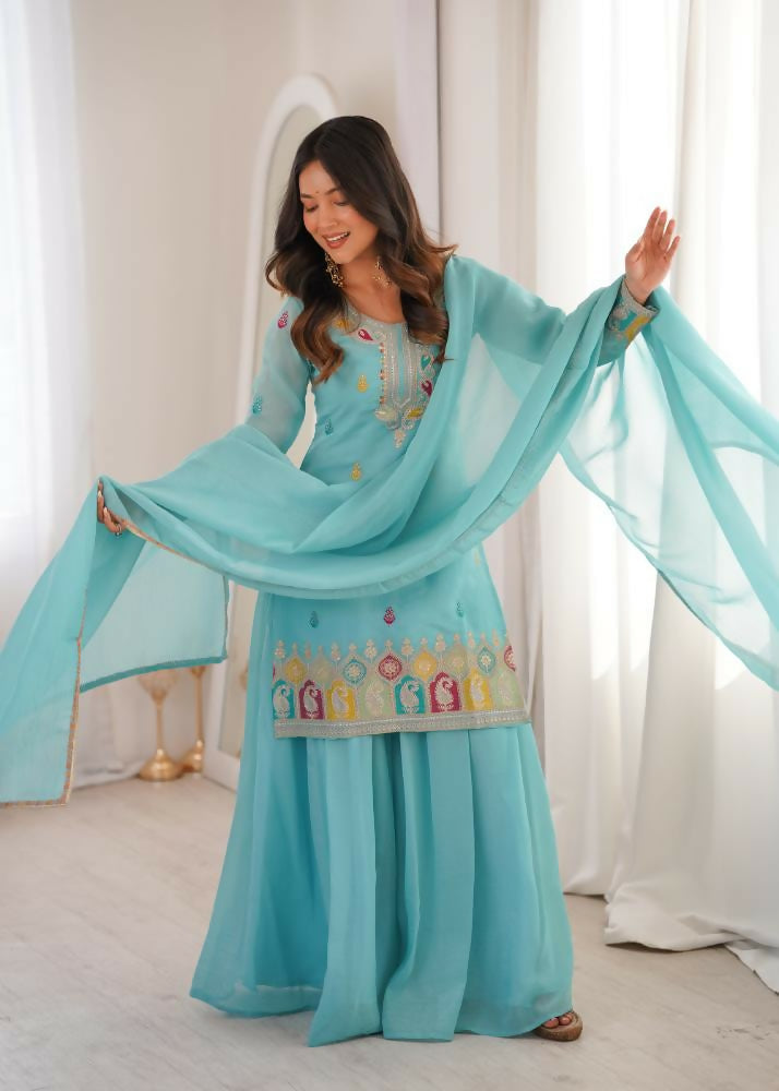Lehenga Mart Designer Sharara Suit With Kurta, Sharara, Dupatta For Women-Sky Blue - Distacart