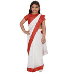 Little Bansi Girls Red And White Color Bengali Saree With Floral Brocade Blouse