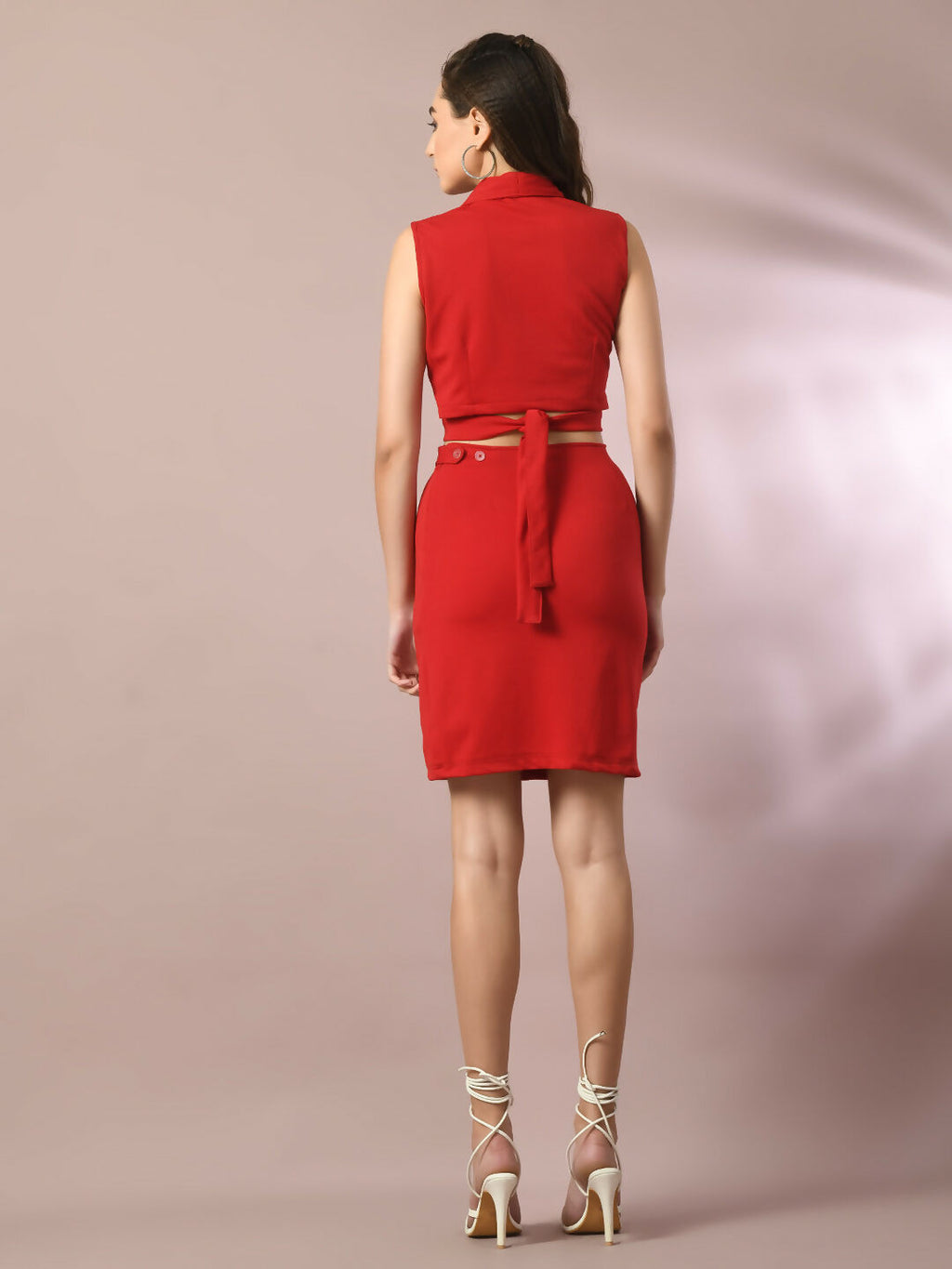 Myshka Women's Red Solid Shawl Neck Party Top With Skirt Co-ord set