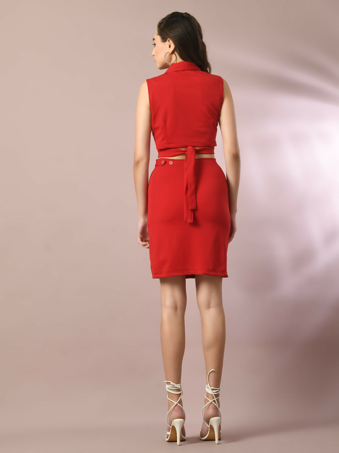 Myshka Women's Red Solid Shawl Neck Party Top With Skirt Co-ord set