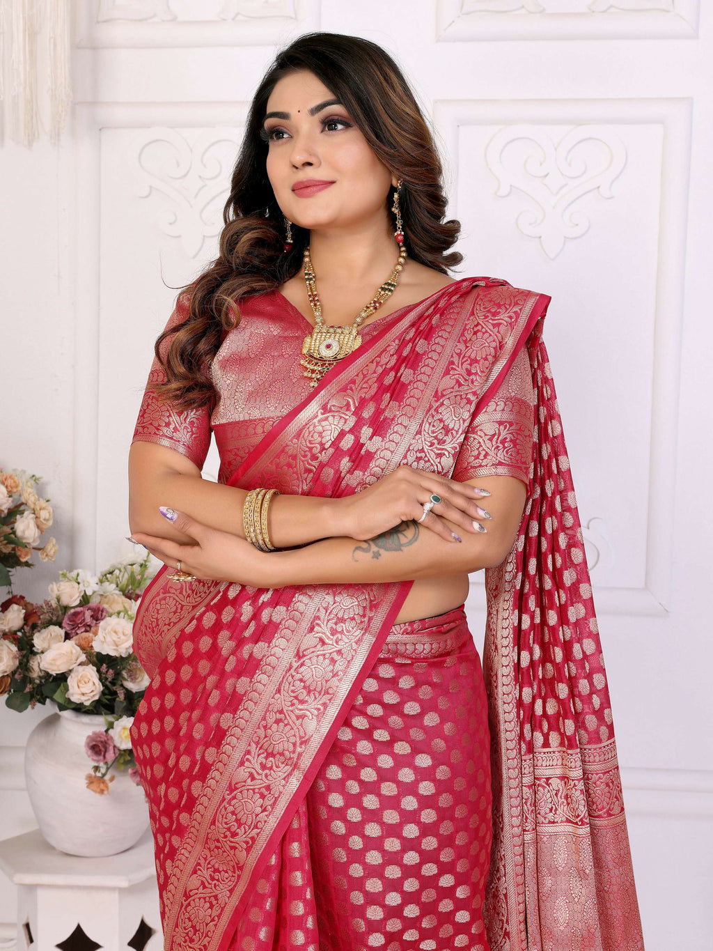 Aastha Fashion Magenta Organza Silk Weaving Saree - Distacart