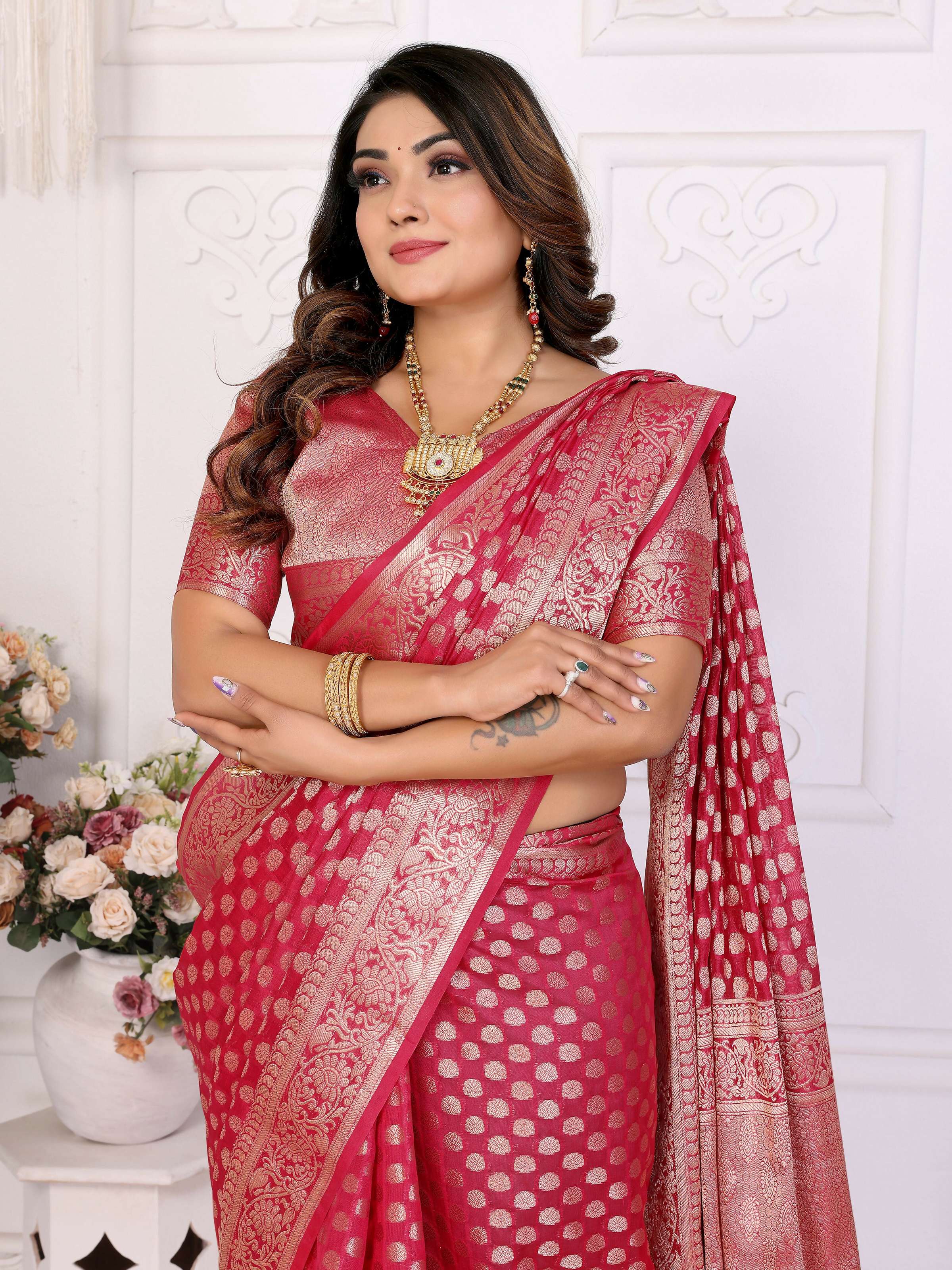 Aastha Fashion Magenta Organza Silk Weaving Saree - Distacart