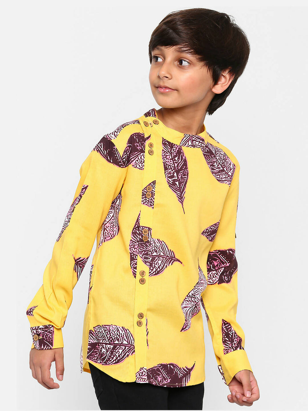 Manet Ethnic Full Sleeves Big Leaf Printed Shirt - Yellow
