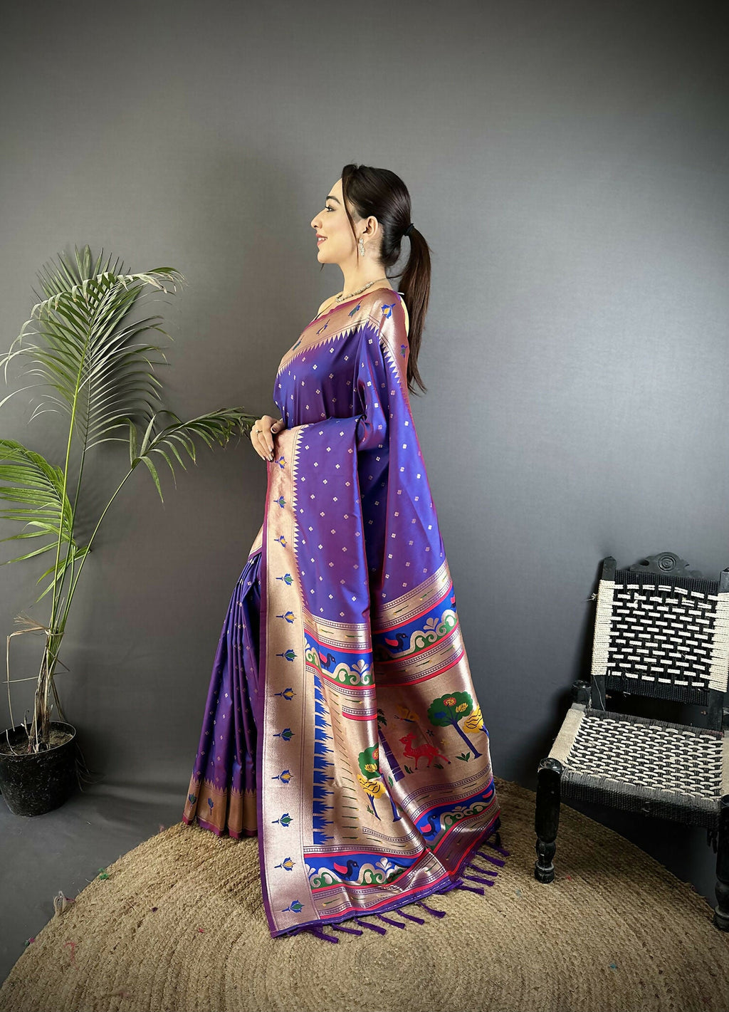Joban Fashion Purple Peacock & Floral Motifs Soft Lichi Silk Kanchipuram Saree - Distacart