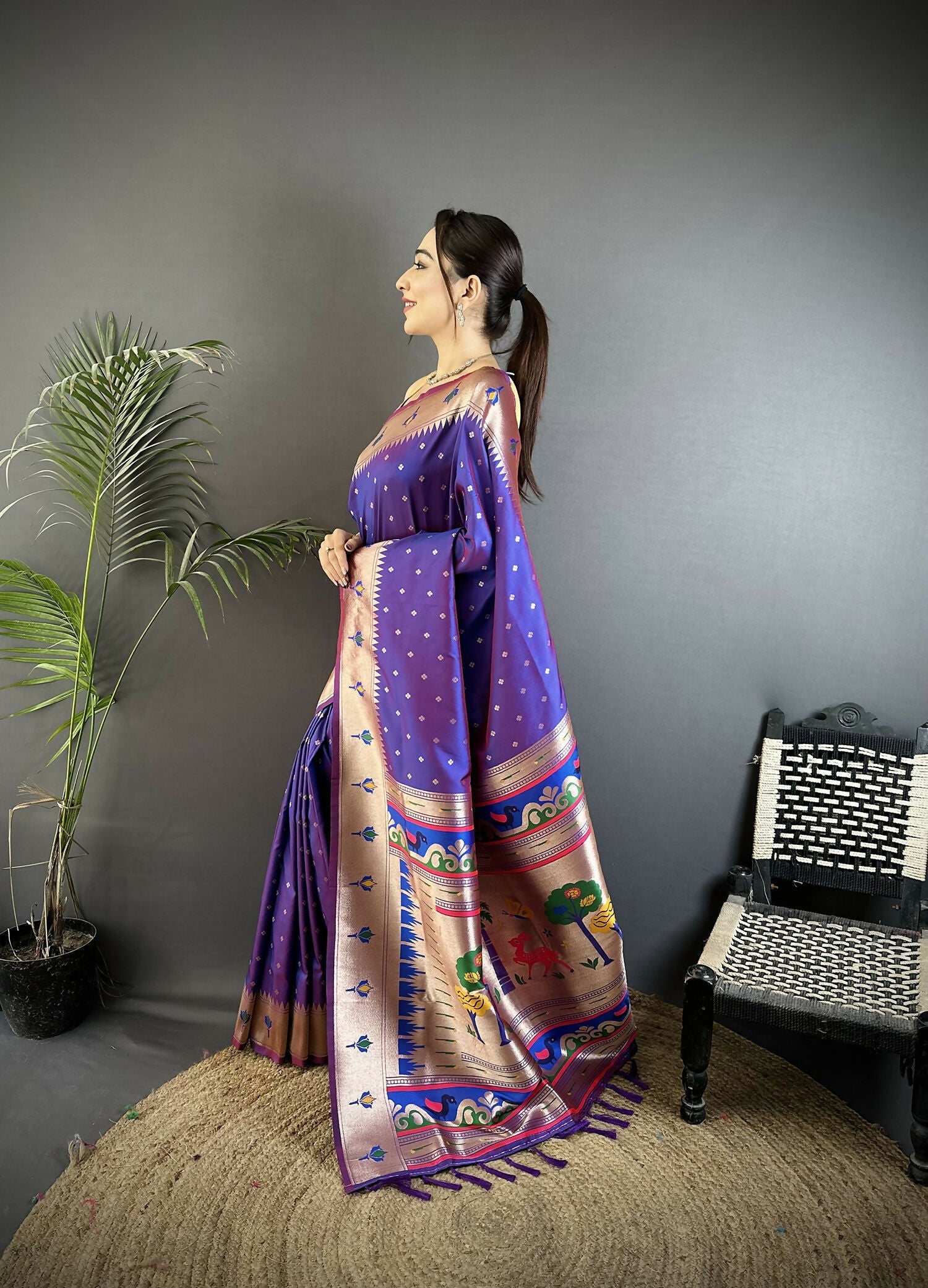 Joban Fashion Purple Peacock & Floral Motifs Soft Lichi Silk Kanchipuram Saree - Distacart