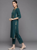 Ahalyaa Womens Dark Green Crepe Smoke Printed Kurta Pant Set With Dupatta - Distacart