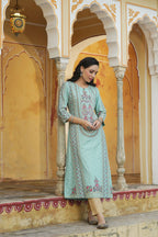 Juniper Women's Sky Blue Rayon Staple Printed A-Line Kurta - Distacart