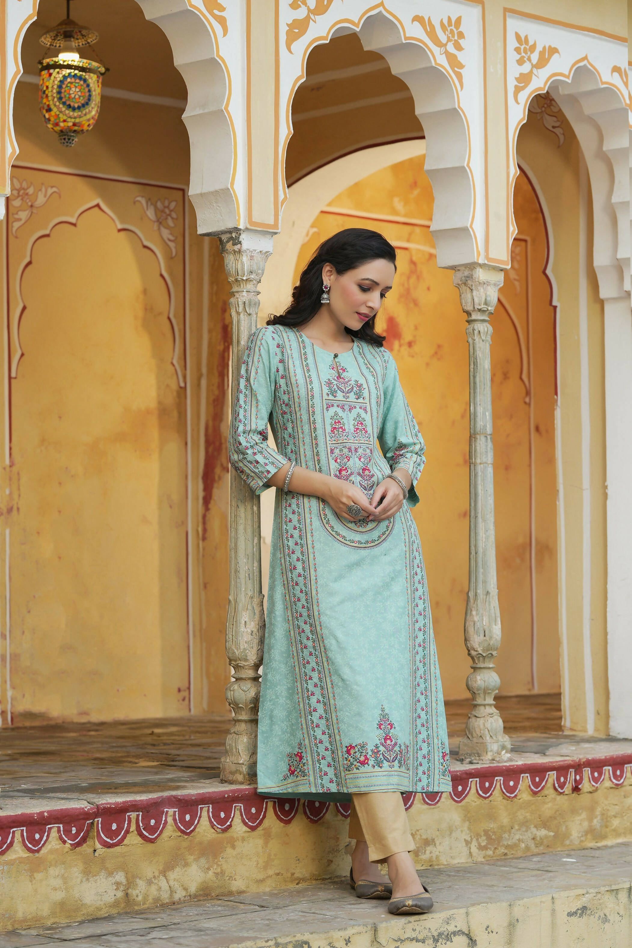 Juniper Women's Sky Blue Rayon Staple Printed A-Line Kurta - Distacart