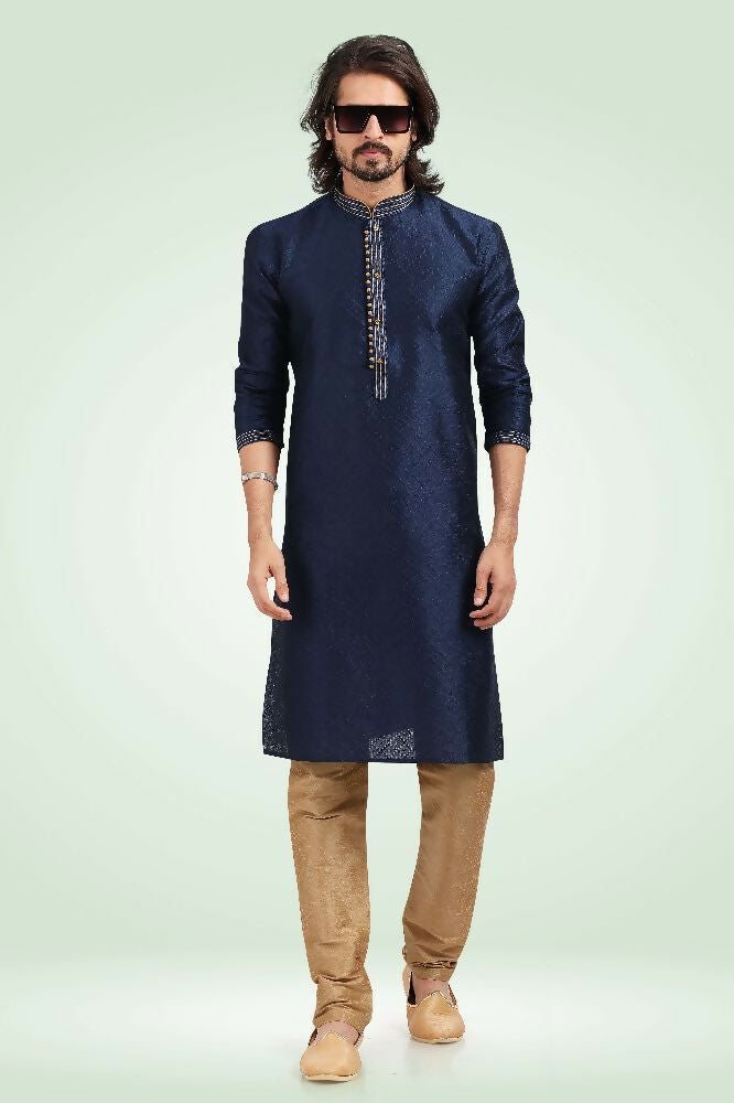 Raivat Ethnic Jacquard Banarasi Silk Pintux Work Kurta Pajama In Blue Colour