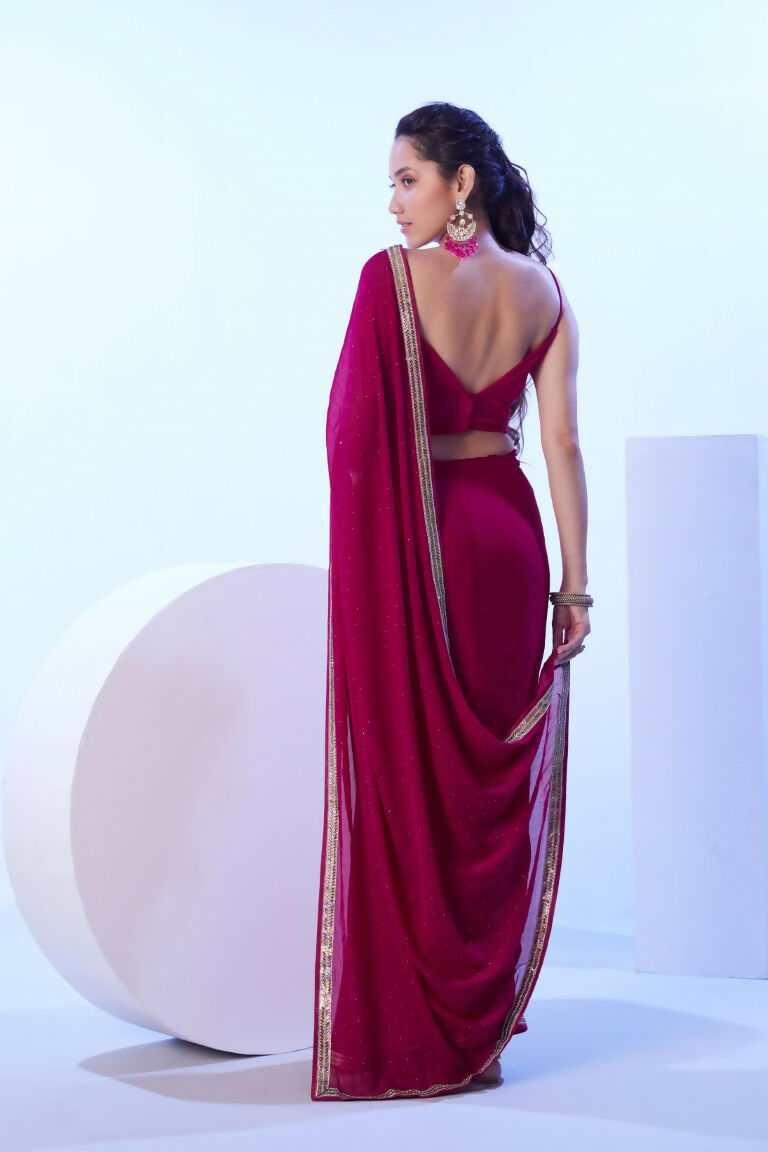 Pink Satin Moss Solid Designer & Lace Work Saree - Samaa