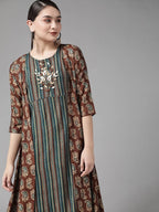 Yufta Teal Green & Coffee Brown Striped Yoke Embroidered Midi A-Line Dress & Ethnic Jacket