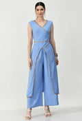 Women's Blue Rayon Kurti And Palazzo With Multi Coloured Lace At Neck And Front - G & A Apparels