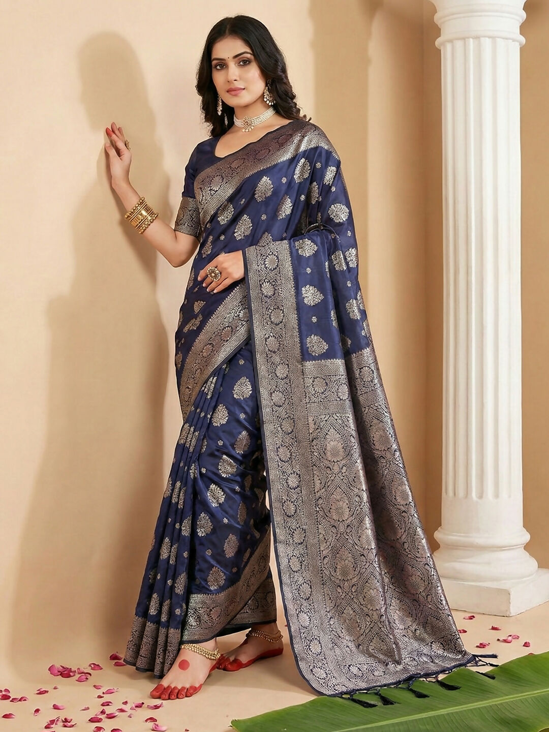 Shree Shyam Fashion Navy Blue Silk Blend Saree - Distacart
