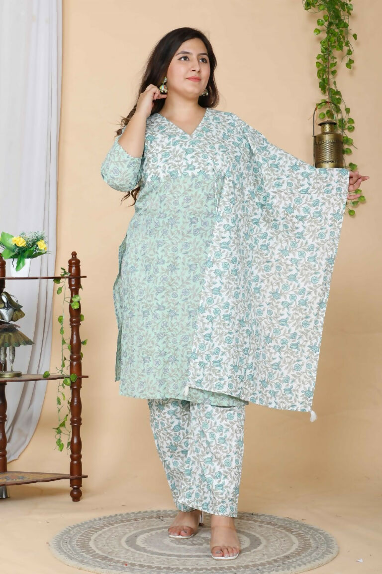 Miravan Women's Plus Size Floral Printed Straight Kurta And Palazzo With Dupatta Set