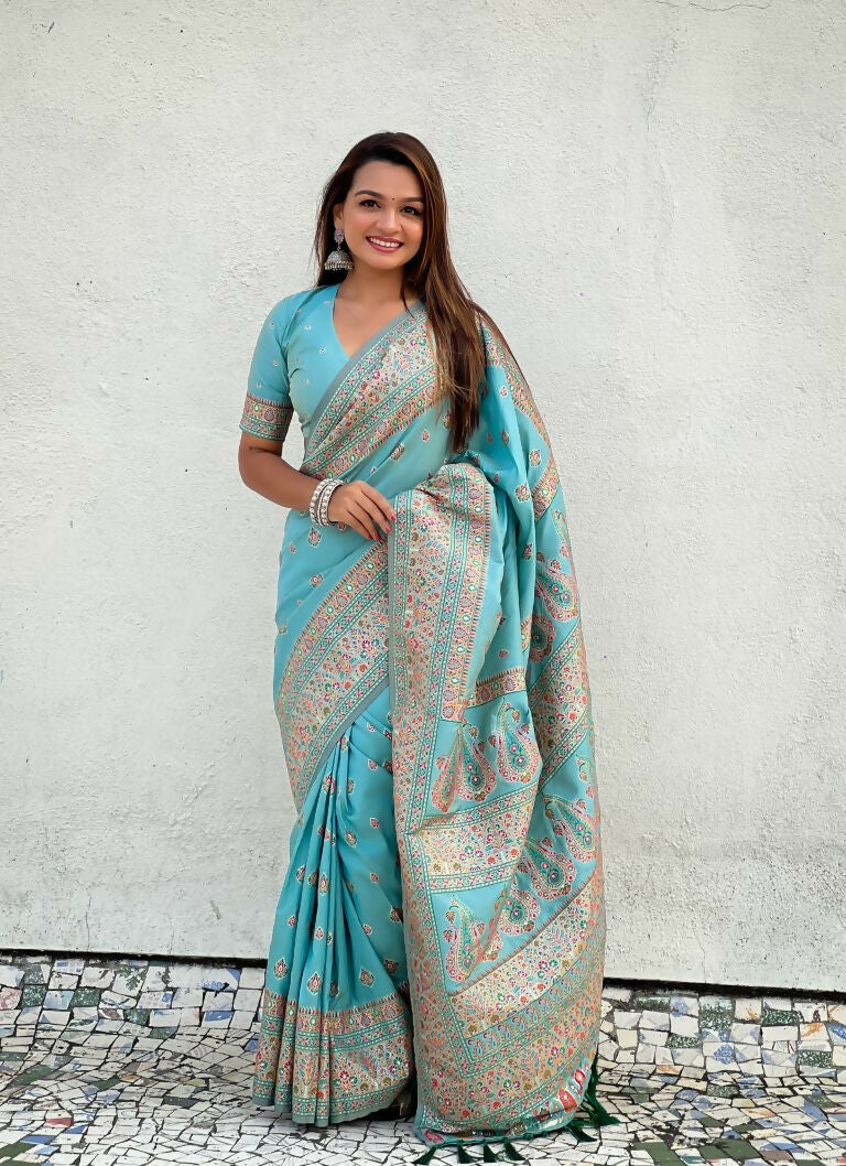 Blue Pashmina Silk Wevon Kashmiri Meenakari Designer Saree with Unstitched Blouse - Vandini