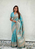 Blue Pashmina Silk Wevon Kashmiri Meenakari Designer Saree with Unstitched Blouse - Vandini