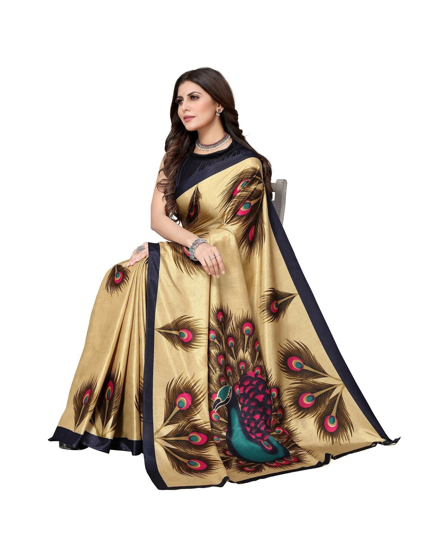 Vamika Golden Cream Printed Art Silk Saree