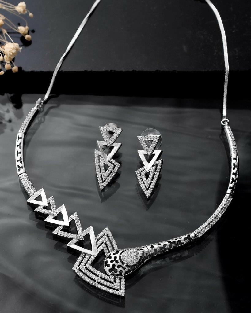 VOJ Silver Plated AD Studded Designer Handcrafted Jewellery Set