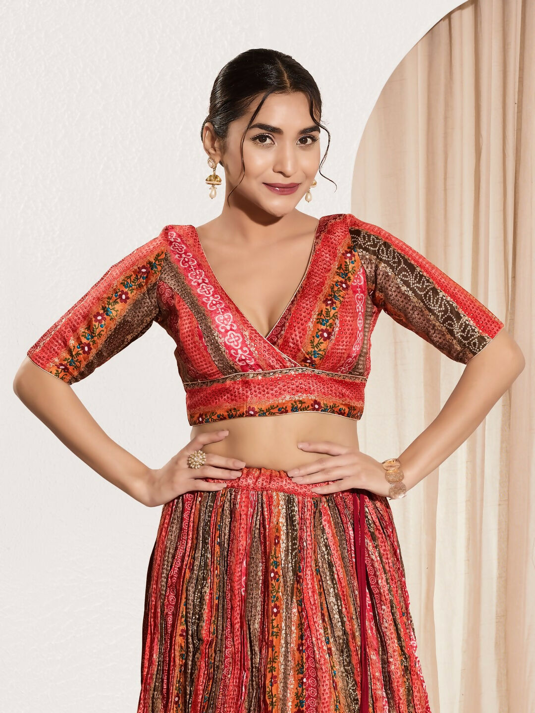 Joban Fashion Maroon Multi Brocade Padded Blouse With V Neck Elbow Sleeves - Distacart