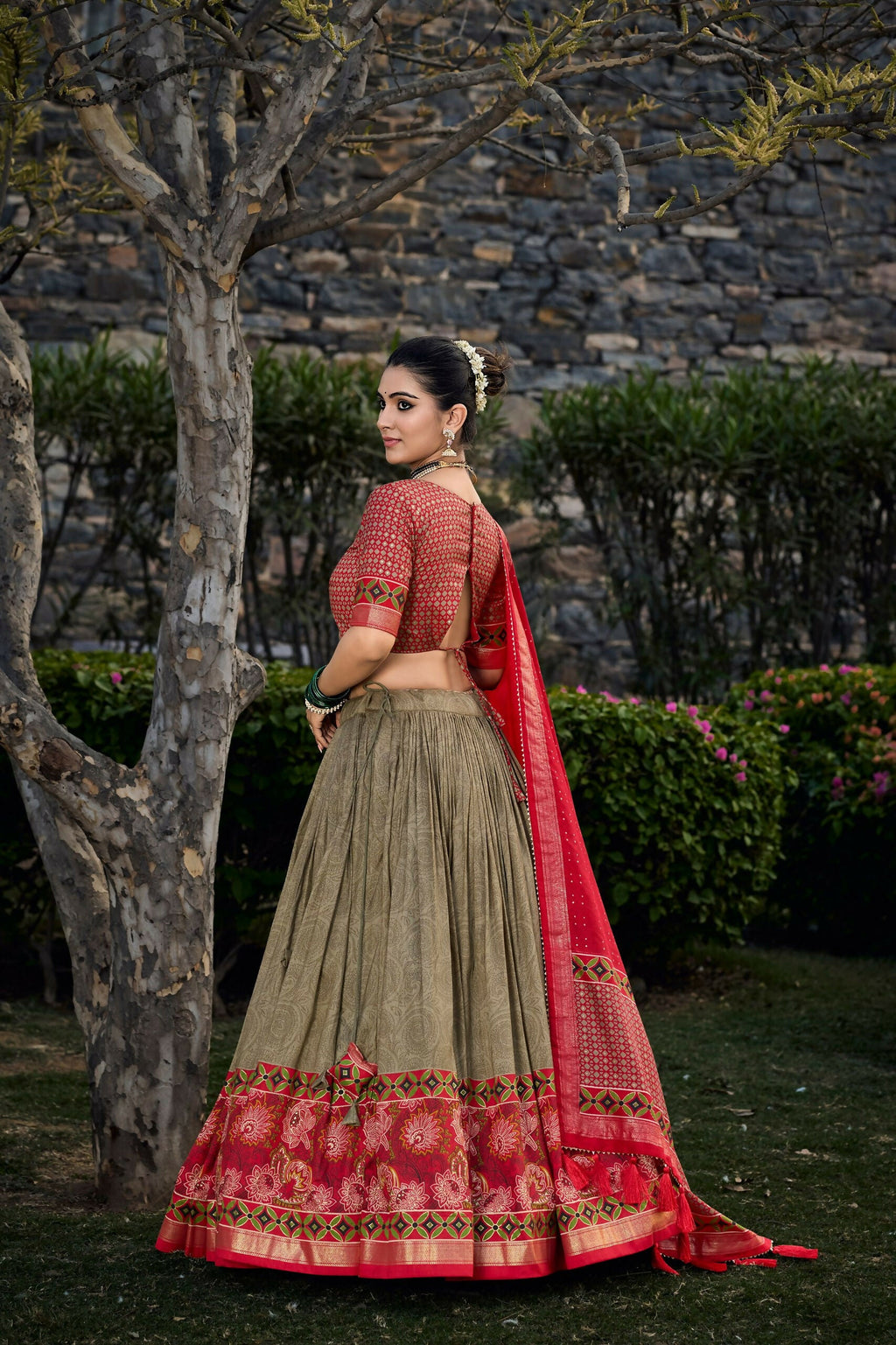 Vastranavya Floral Print With Foil Print Tussar Silk Lehenga With Unstitched Blouse - Mehendi