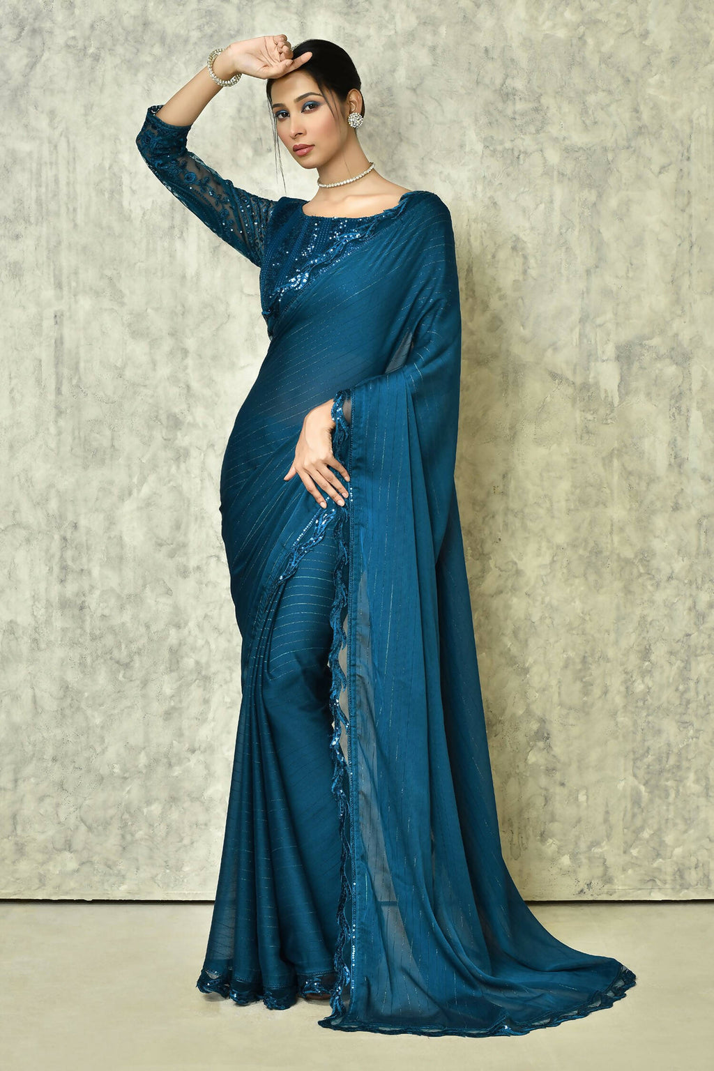 Blue Silk Stripe Saree With Blouse Piece - Purvi