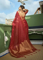 Delightful Designer Maroon Color Organza Silk Saree With Weaving Work - Yomika Fashions