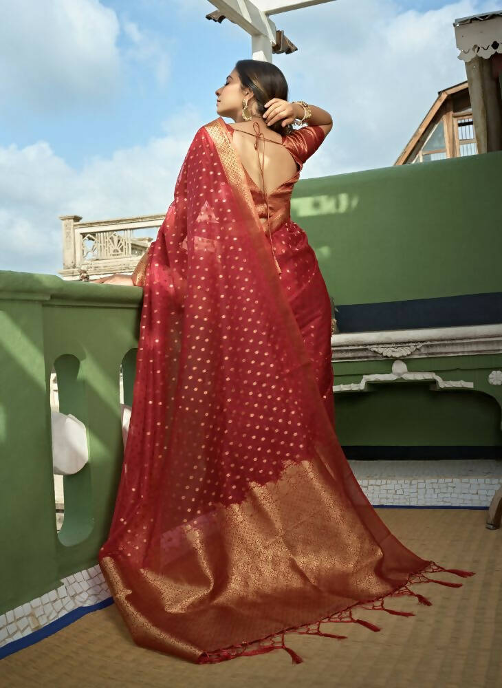 Delightful Designer Maroon Color Organza Silk Saree With Weaving Work - Yomika Fashions