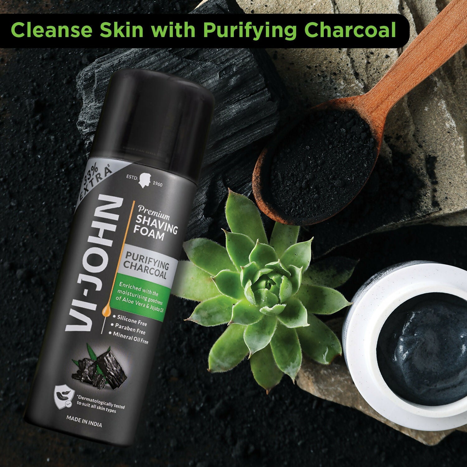 VI-JOHN Dermatologically Tested Premium Purifying Charcoal Shaving Foam Enriched with Aloevera & Jojoba Oil Free From Silicone, Paraben & Mineral Oil - Distacart