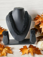 Inhanns Vibrant Handmade 20 Layers Beaded Necklace With Matching Earrings - Black