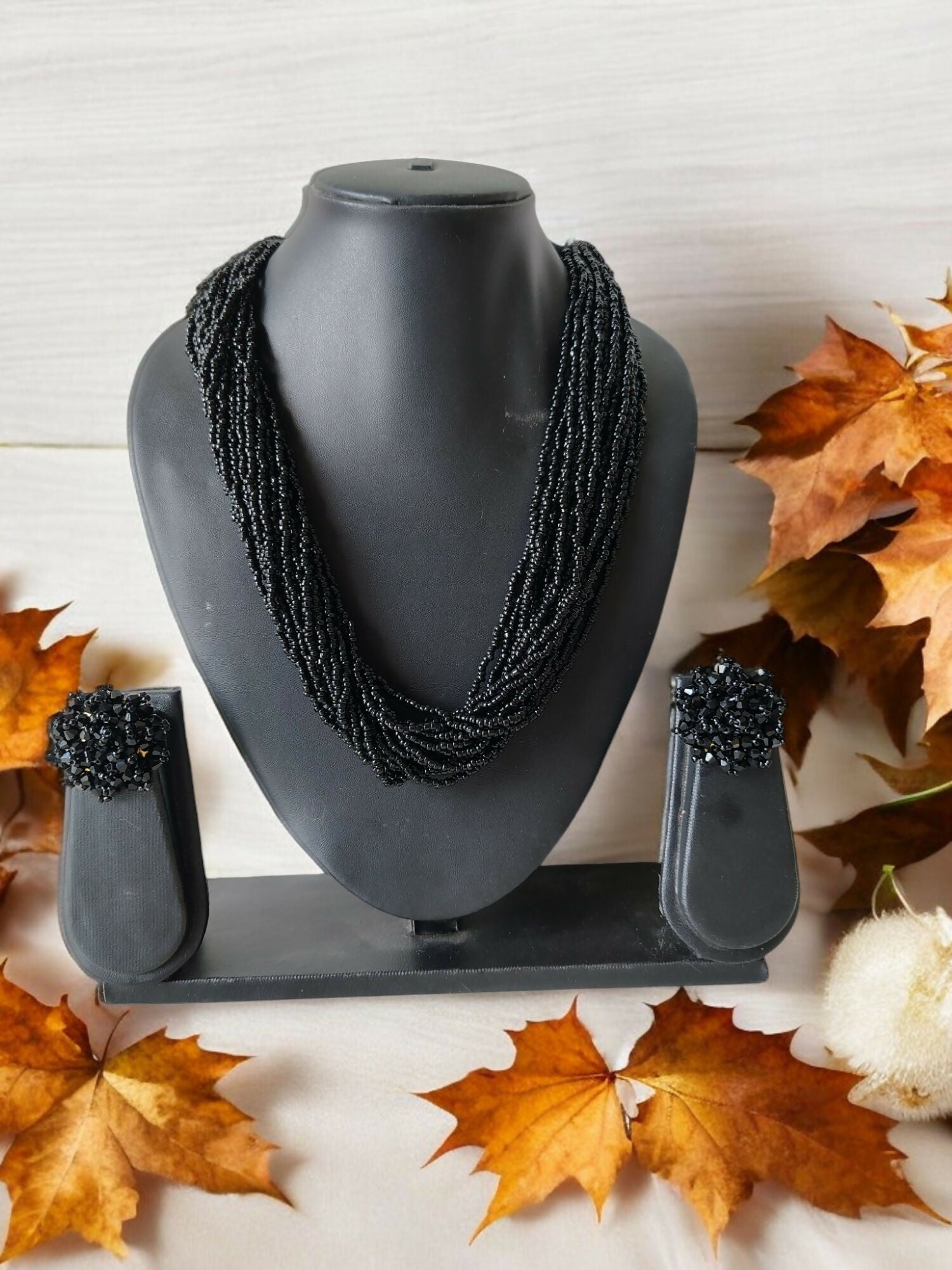 Inhanns Vibrant Handmade 20 Layers Beaded Necklace With Matching Earrings - Black