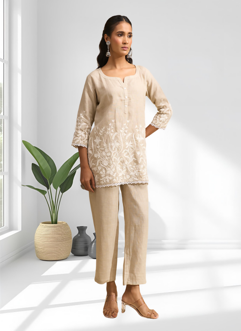 Joban Fashion Beige Linen Embroidered Readymade Cord Set - Distacart