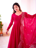 Joban Fashion Red Chinnon Silk Sequence Embroidery Work Readymade Kurta Set - Distacart