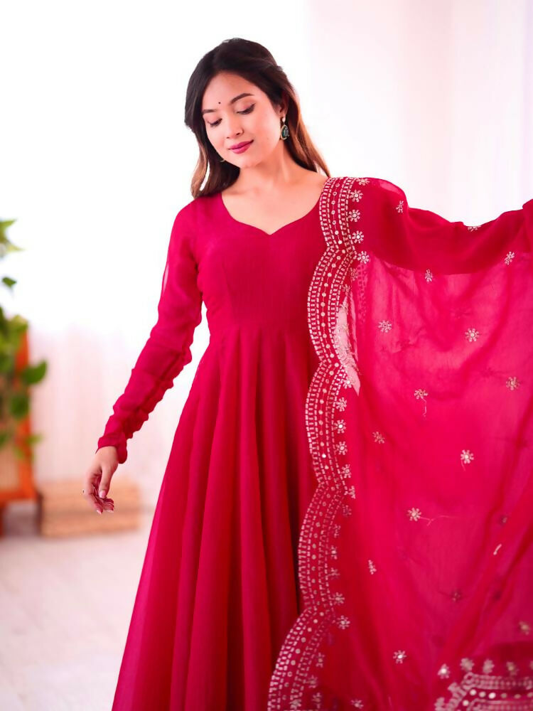Joban Fashion Red Chinnon Silk Sequence Embroidery Work Readymade Kurta Set - Distacart
