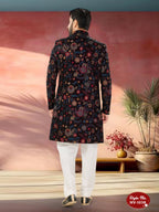 Joban Fashion Men's Wine Base Multi-Colour Straight Velvet Heavy Thread And Sequence Embroidary All Over Indo-Western Kurta Set