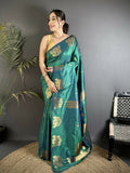 Joban Fashion Dark Teal Motifs Zari Weaving Soft Silk Banarasi Saree