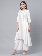 Ahalyaa Women's Off white Pure Cotton Printed Asymmetric Kurta Palazzo Set