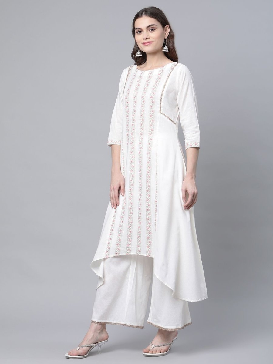 Ahalyaa Women's Off white Pure Cotton Printed Asymmetric Kurta Palazzo Set