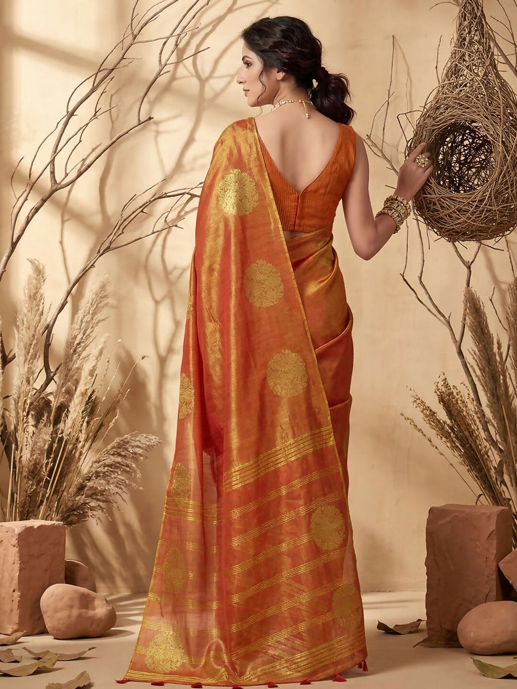 Shree Shyam Fashion Rust Tissue Silk Saree - Distacart