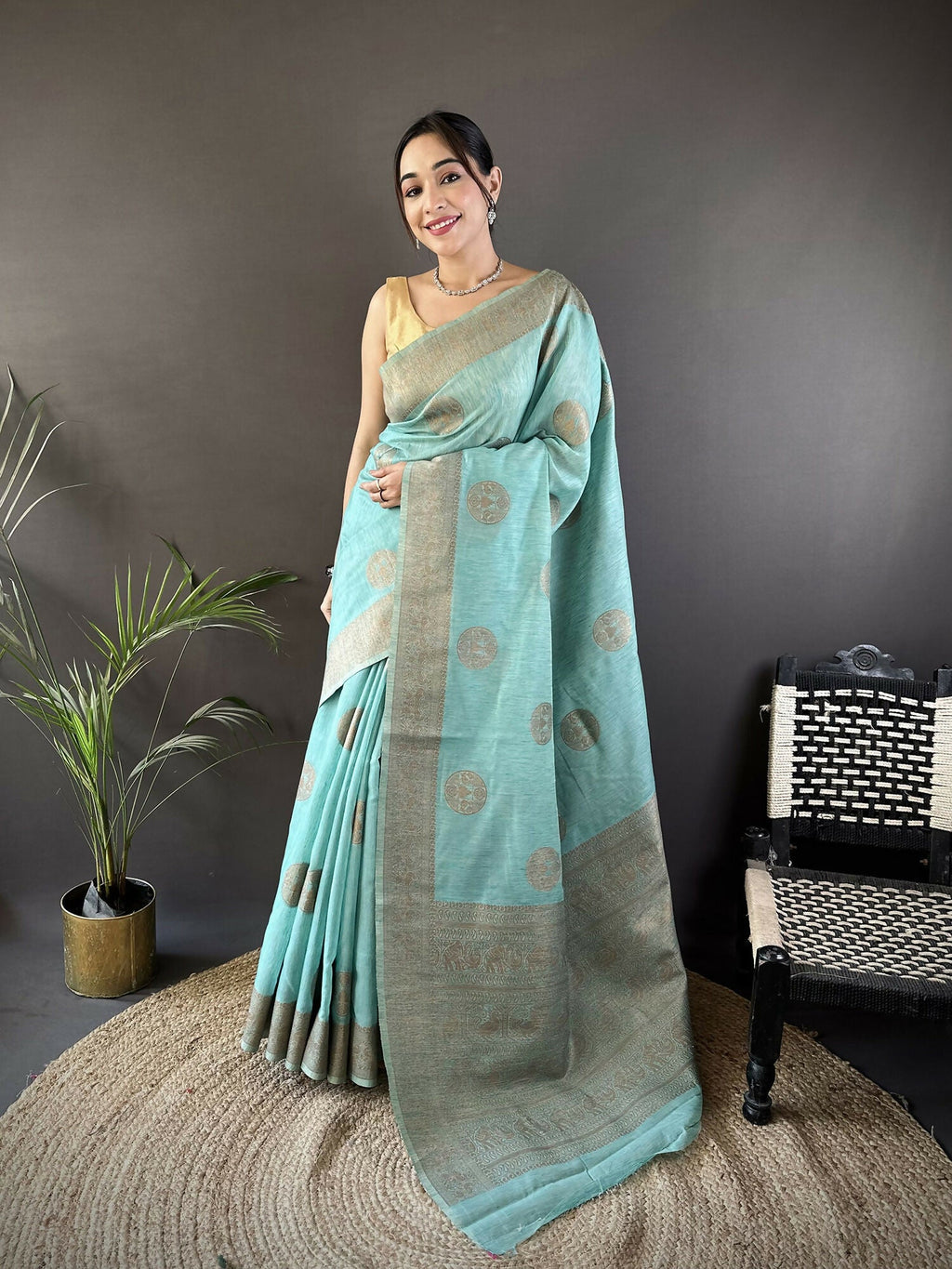 Joban Fashion Sky Blue Floral & Paisley Linen Silk Banarasi Saree - Distacart