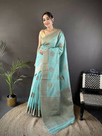 Joban Fashion Sky Blue Floral & Paisley Linen Silk Banarasi Saree - Distacart