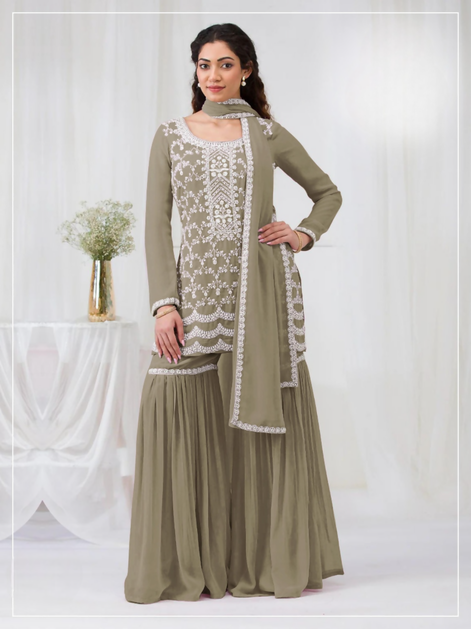 Anaita Mehendi Faux Georgette Stitched Suit with Embroidery Cotton Thread & Sequence Work - Distacart