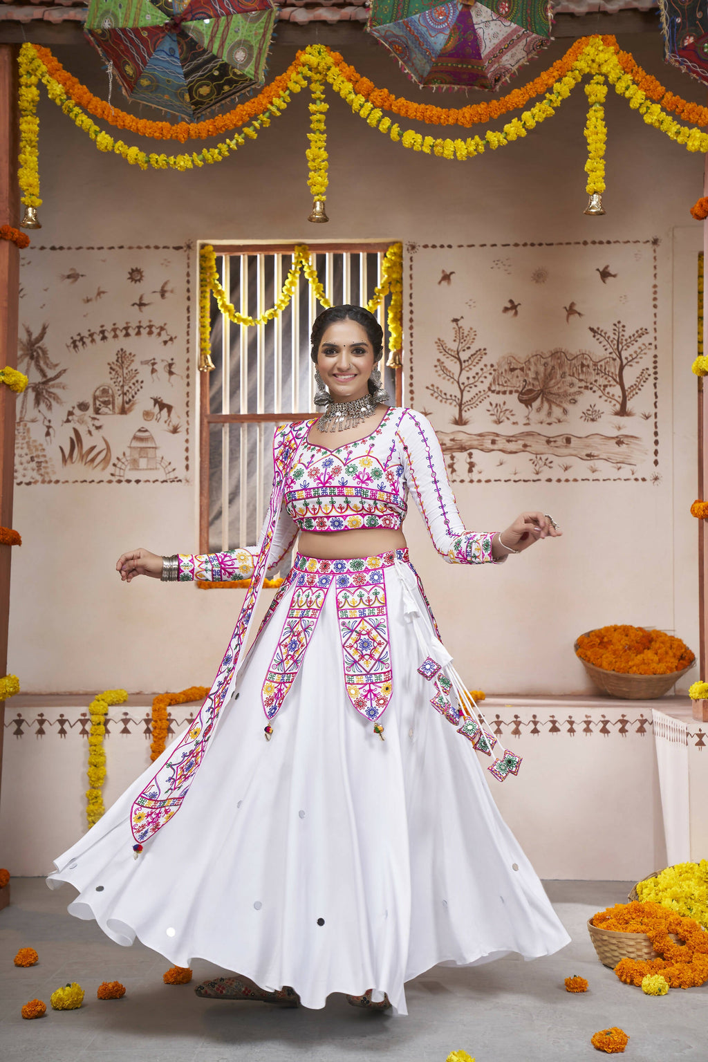 White Viscose Rayon Thread Embroidered with all over mirror work Navratri Lehenga Choli with Dupatta - Raas