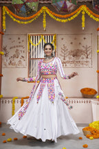 White Viscose Rayon Thread Embroidered with all over mirror work Navratri Lehenga Choli with Dupatta - Raas