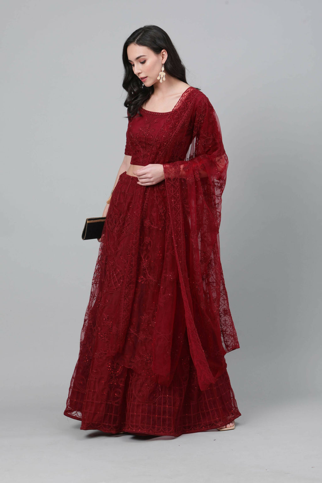 Maroon Net Thread embroidery with stone work Lehenga Choli with Dupatta - Jivika