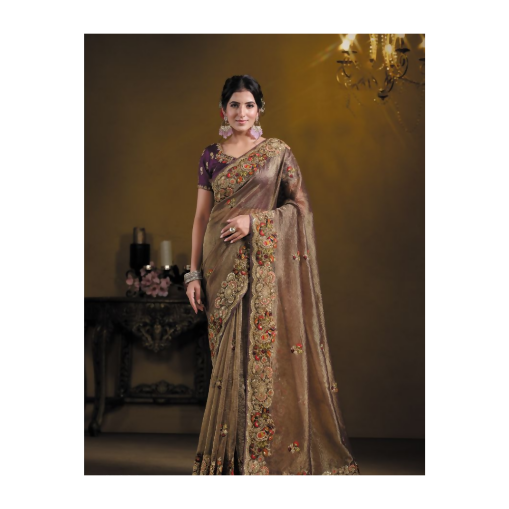 Wine Pure Banarasi Crush Pure Khatli work Designer Saree With Blouse. - Rajasvi