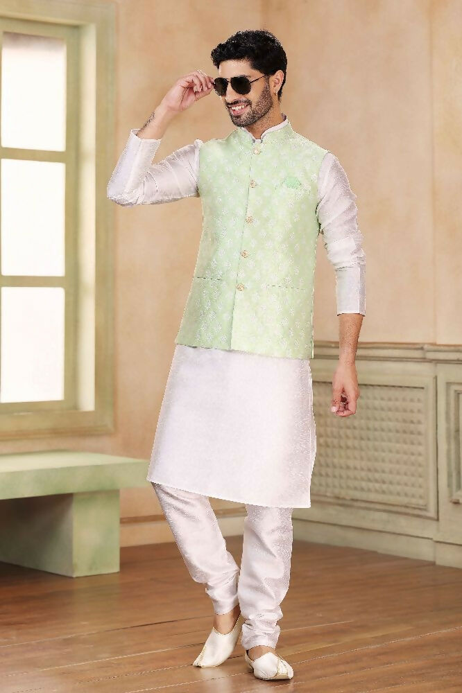 Raivat Ethnic Jacquard Banarasi Silk Woven Work 3 Pics Jacket Set In Pista Green Colour - Distacart