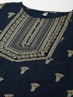 Yufta Women Blue and Green Embroidered Kurta with Trouser and Dupatta Set
