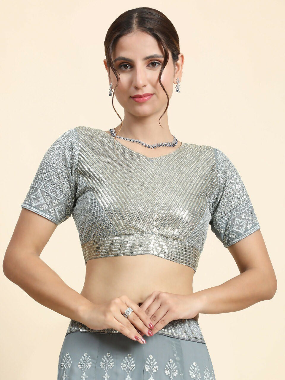 Jyoti Fashion Mesmerizing Grey Faux Georgette 3MM Sequins with Thread & Jari Embroidery Lehenga Choli with Dupatta