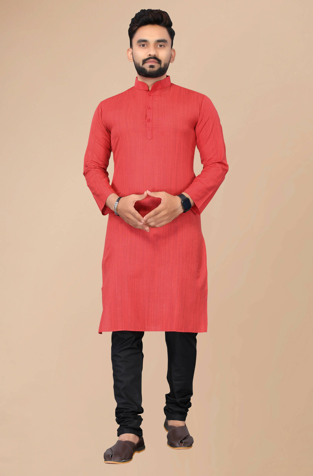 Men's Red Striped Cotton Kurta - Mahotsav
